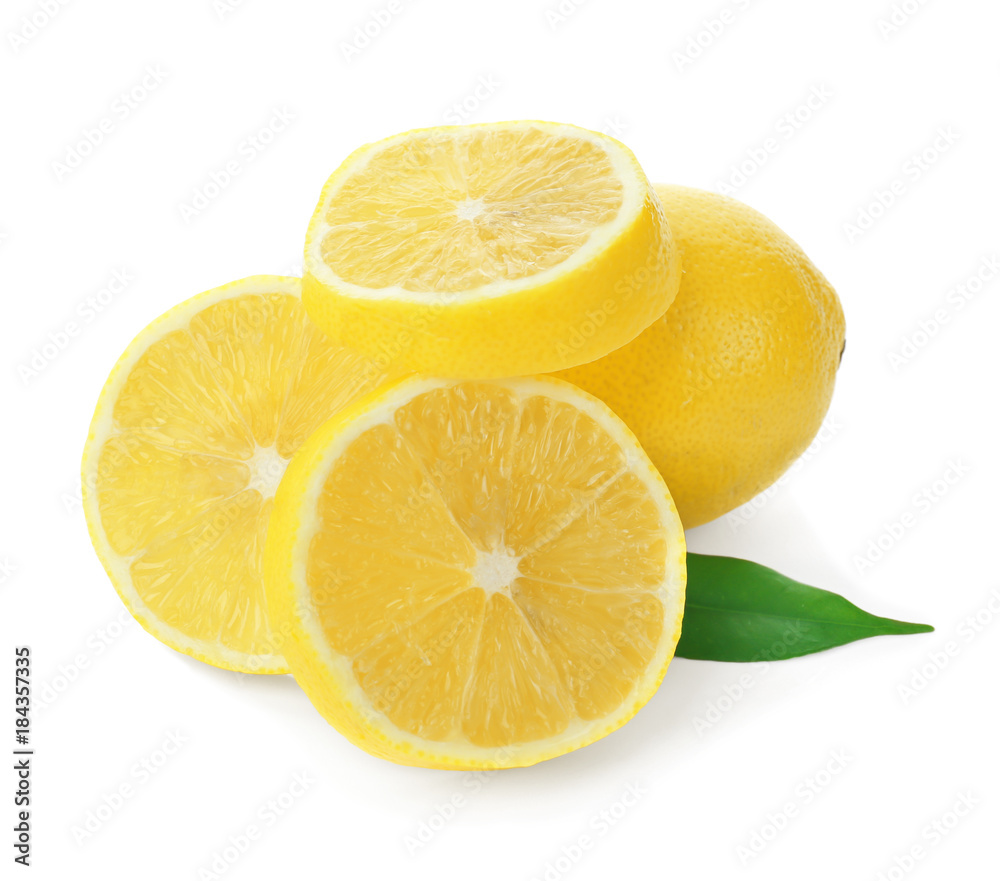 Fresh ripe lemon and slices on white background Fresh ripe lemon and slices on white background
