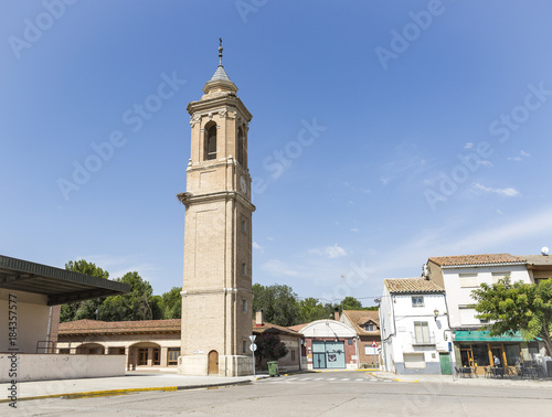 old tower at plaza de Espana square in Pina de Ebro town, province of Zaragoza, Aragon, Spain