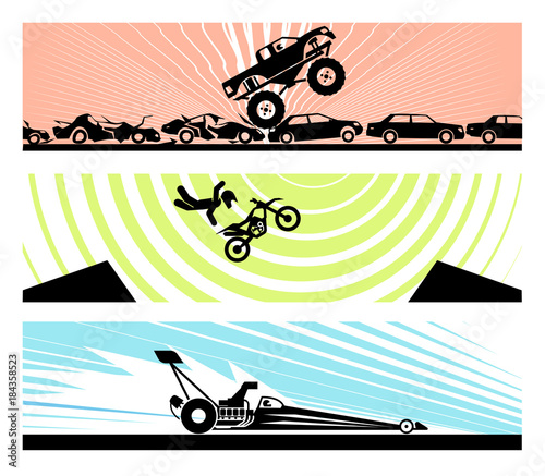 Exhibiting adrenaline sports. Bell Adrenaline Ranch, Drag Racing, Monster truck. Concept of modern extreme adrenaline sports. Vector illustration of motor show.