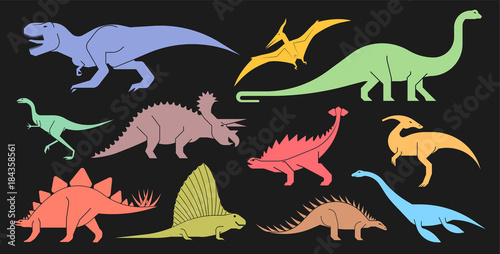 Vector set of geometrically stylized dinosaur icons. Different types of prehistoric dinosaur icons  trex  tyrannosaurus  triceratops   brontosaurus  diplodocus  pterodactyl. 