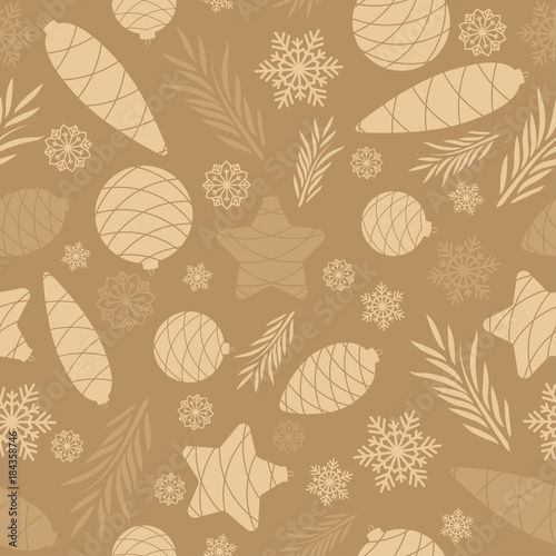 Happy Holidays. Seamless background with Christmas tree toys. Pattern