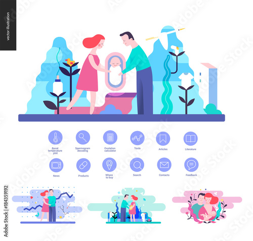 Reproduction - set of illustrations and a set of otlined icons