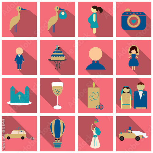 Set of weddings icons in flat style with shadow