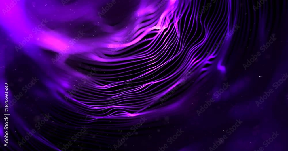 abstract stream array purple violet glitter sparkle lines with particles on black background science and research concept