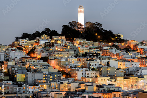 Photography Coit Tower on Telegraph Hill as seen from Russian Hill at Dusk