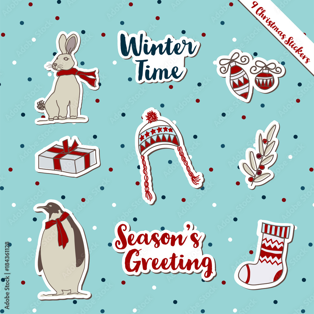 A set of Christmas stickers, scrapbook, gift tags with text, bunny, penguin, bobble hat, sock, warm wish items, wool, holly jolly celebration, decorated scrapbook wrapping paper season greeting.