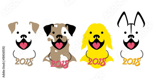 Vector illustration with four smiling dogs of different breeds. Dog smiles. Vector template for the new 2018 year.