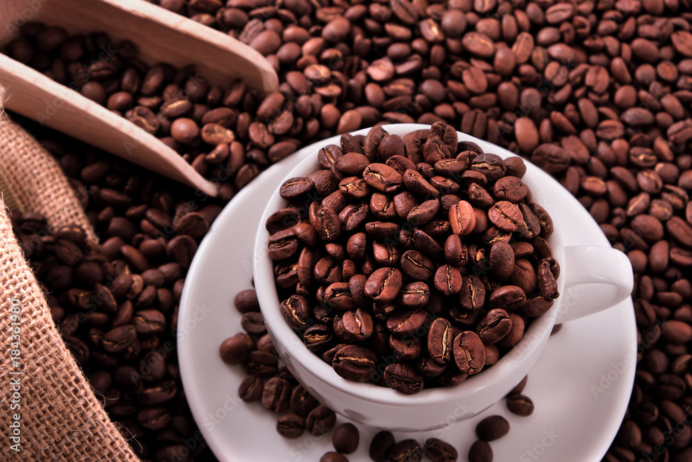 Fototapeta premium White coffee cup and saucer one single for espresso or capuccino filled with roasted beans with sack or bag and scoop on a background of scattered dark coffee beans photo