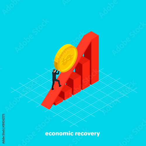 a man in a business suit rolls a coin to the top of the slide chart, economic recovery, isometric image