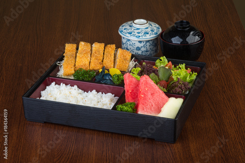 japanese cuisine. lunch box set on the background photo