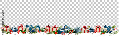 Christmas holiday decoration with branches of tree and gift boxes. Vector.