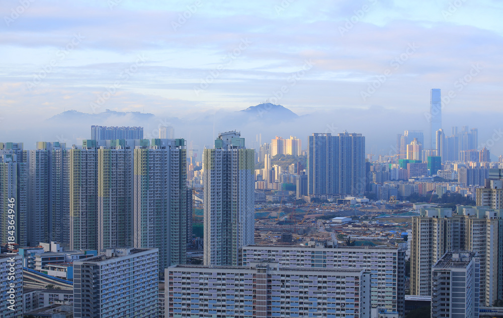 foggy cityscape in hong kong