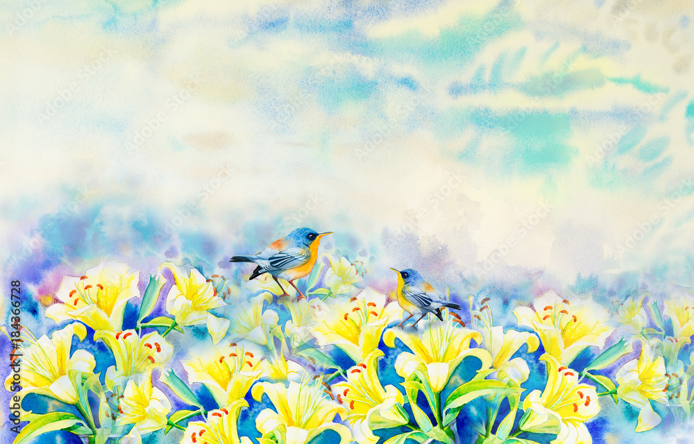 Obraz Malowanie kolorowe piękno Lilly kwiaty i para ptaków.