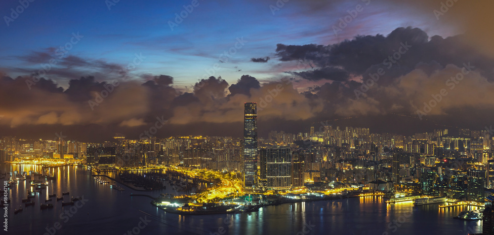 Panorama scene of Hong Kong Cityscape building river side from top view at the sunrise time