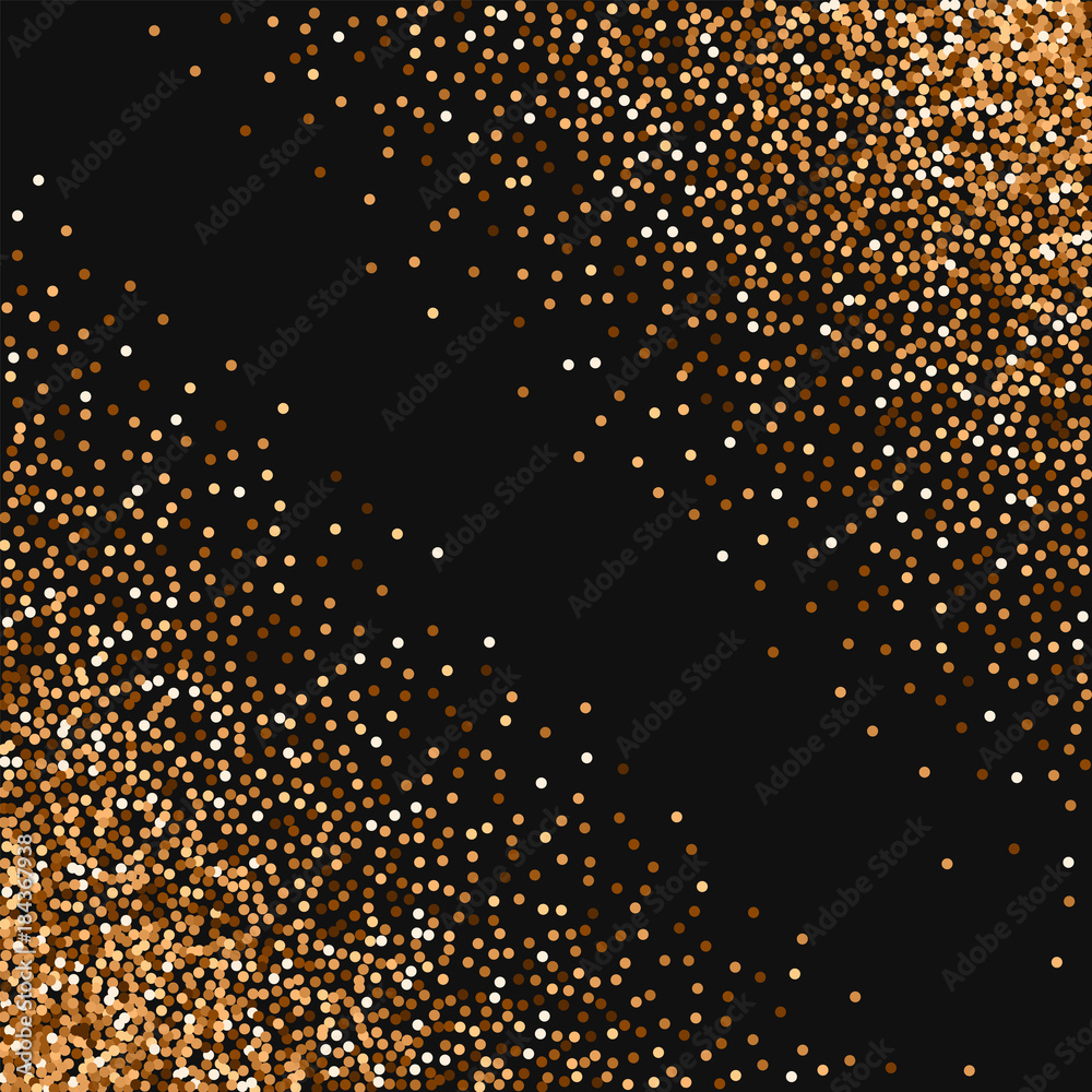 Red round gold glitter. Abstract chaotic mess with red round gold glitter on black background. Astonishing Vector illustration.