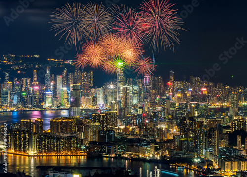 Fireworks Festival over Hong Kong cityscape, Top view of hong Kong Victoria Harbour, Happy new year 2018 concept