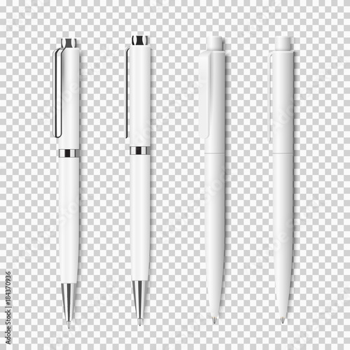 Set of white realistic pen on transparent background