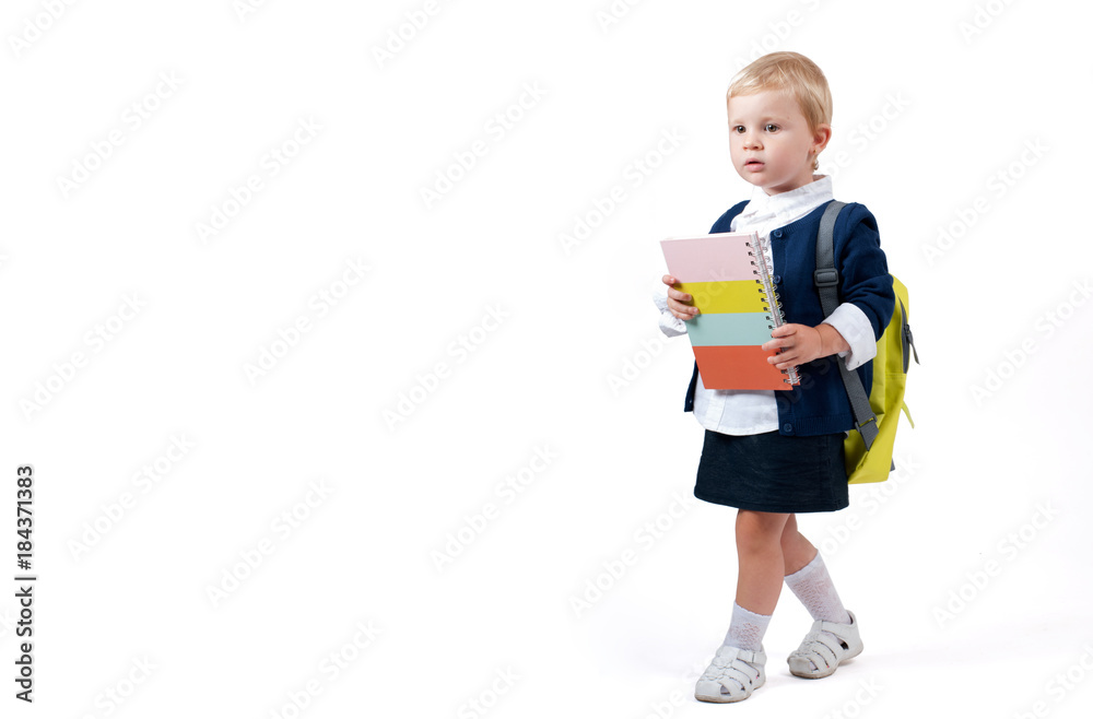 Happy little schoolgirl. Child with backpack and books.
