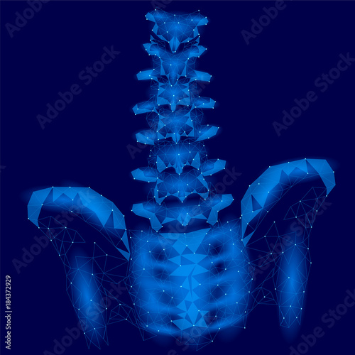 Human spine hip lumbar radiculitis pain low poly. Geometric polygonal particle triangle point line future medicine technology blue vector illustration