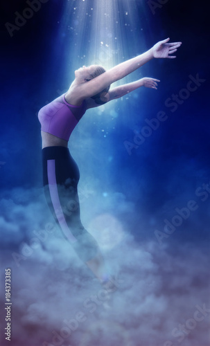 Beautiful girl doing yoga on fantasy clouds 3d illustration © elenaed