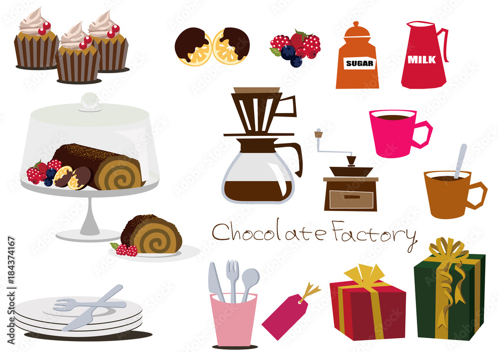 チョコレートの素材集。 チョコレートのセット。 コーヒーセット。 イラスト素材集。