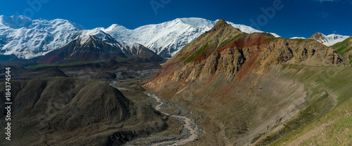Panorama of the view on Lenin Peak and delightful views of the mountain landscape and moraine