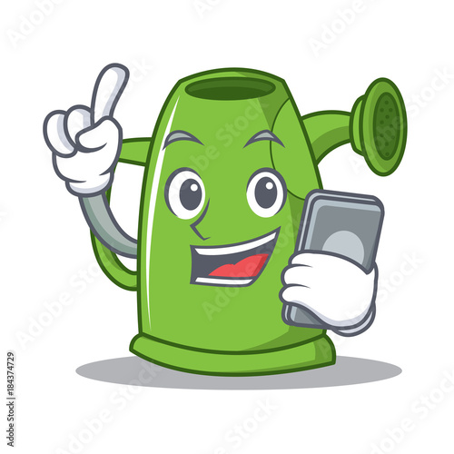 With phone watering can character cartoon photo