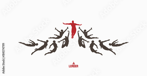Leadership, freedom or happiness concept. Successful team leader. Vector illustration with people silhouette for business.