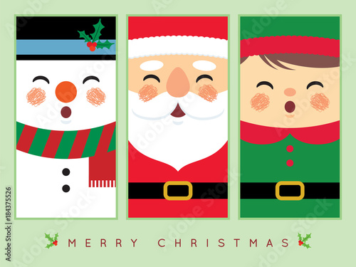 Cute snowman, santa claus, and christmas elf in flat design. Vector christmas character. Christmas greeting template design for label, tag, bookmark, card or print.