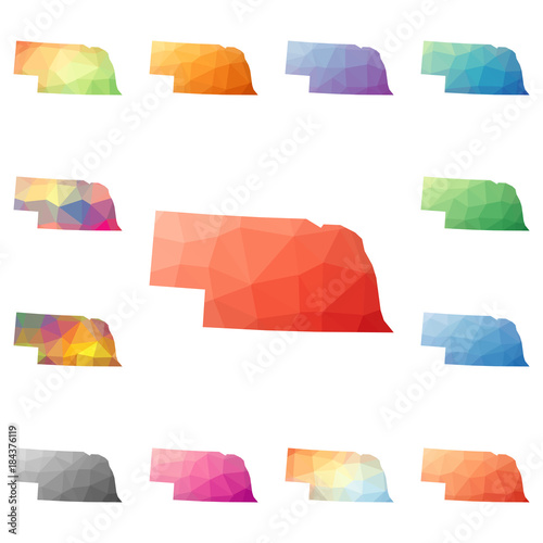Nebraska geometric polygonal, mosaic style US state maps collection. Bright abstract tessellation, low poly style, modern design. Nebraska polygonal maps for your infographics or presentation.