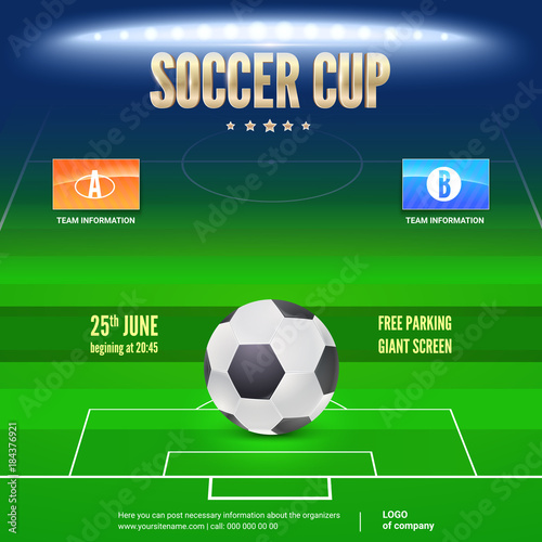 Soccer event flyer template. Place your text and emblem of participants. Night soccer stadium in the spotlight with big ball. 3D illustration, template for poster, print design for events. © eriksvoboda