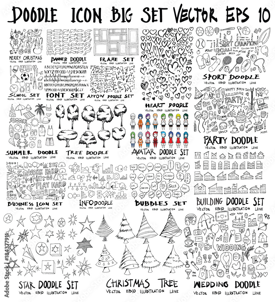 MEGA set of doodles vector Super collection of christmas, ribbon, frame, heart, school, font, arrow, summer, tree, business, sport, party, info, shopping, bubble, home, avatar, star, easter 2018