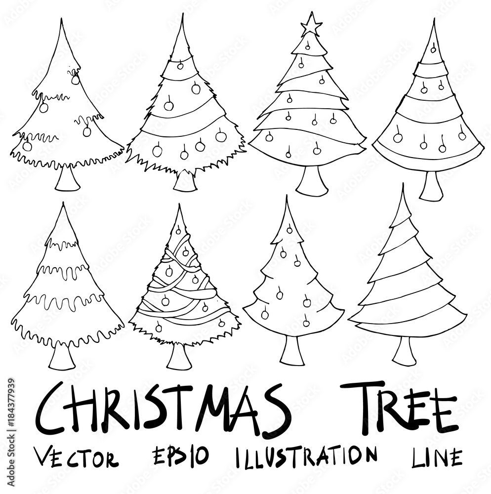 Set of christmas tree illustration Hand drawn doodle Sketch line vector eps10