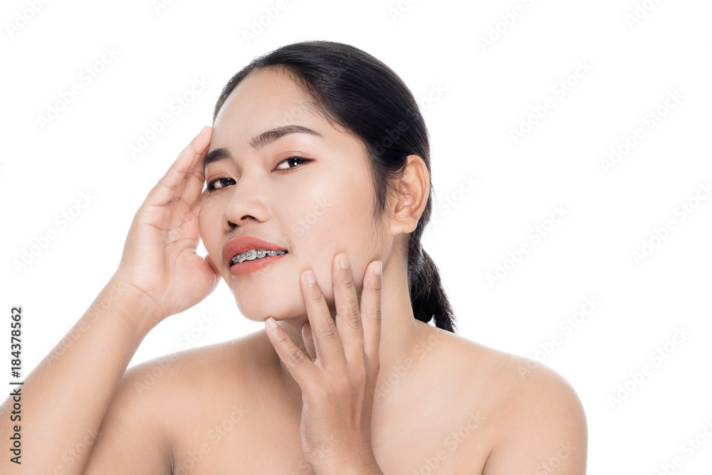 Beautiful woman face close up portrait studio on white background