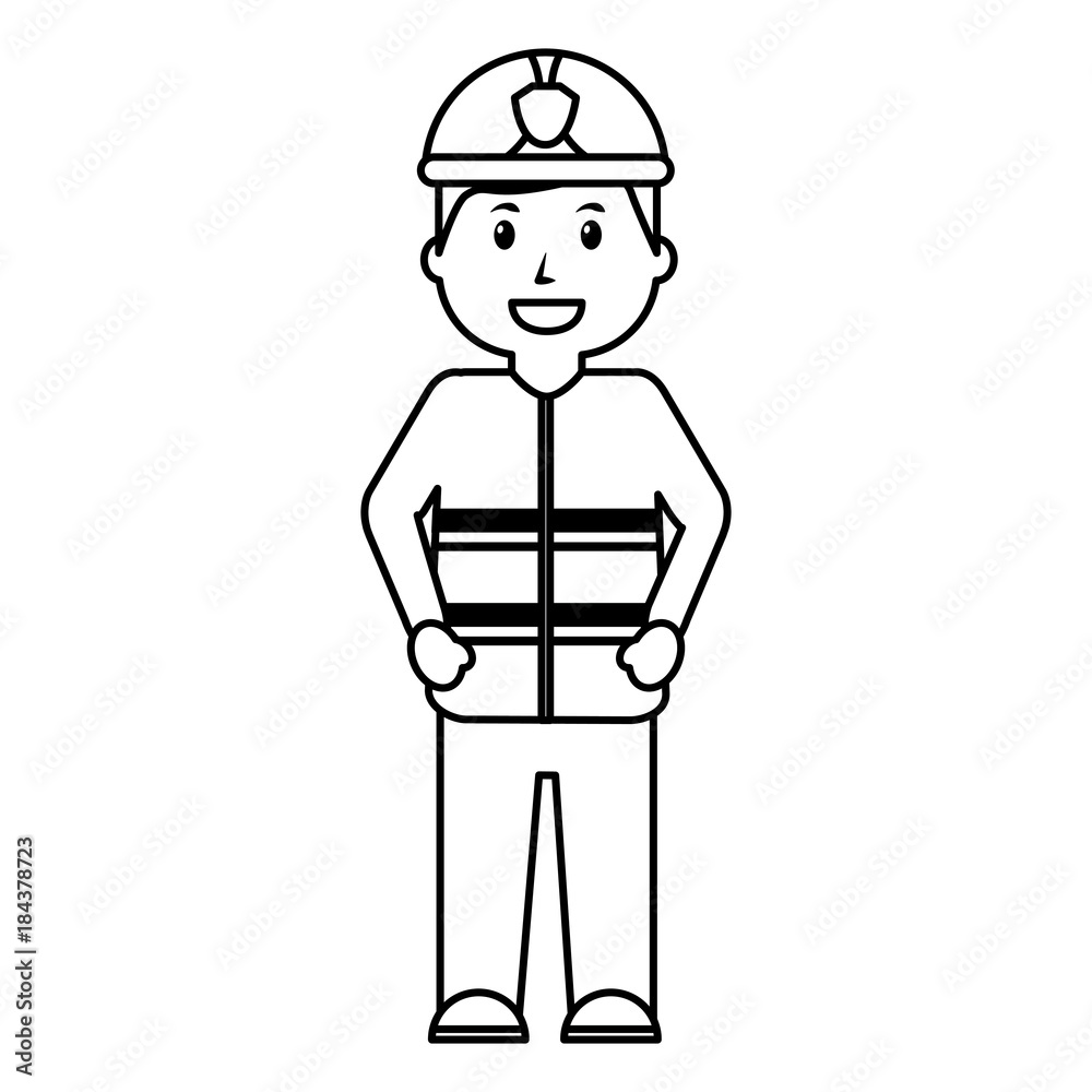 standing happy firefighter worker with uniform and helmet vector illustration outline image
