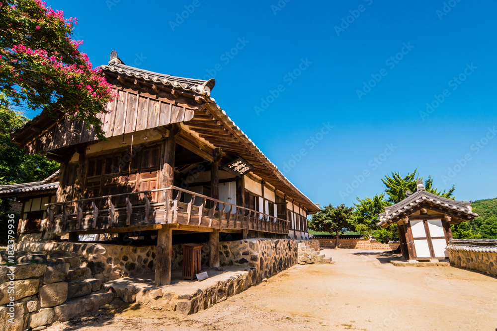 South Korea - gwangajeong Pvillion of Yangdong Folk Village. (Sign board text is South Korea - gwangajeong Pvillion of Yangdong Folk Village. (Sign board text is