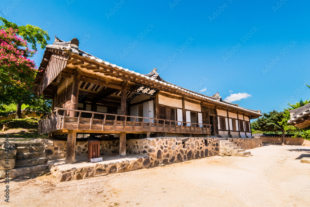 South Korea - gwangajeong Pvillion of Yangdong Folk Village. (Sign board text is South Korea - gwangajeong Pvillion of Yangdong Folk Village. (Sign board text is