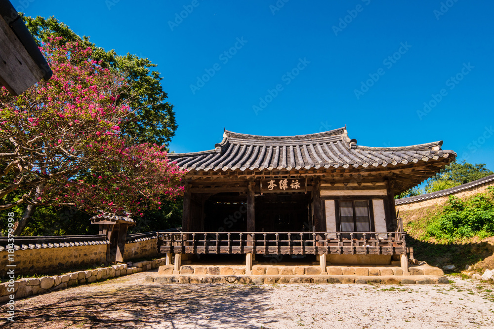 Gyeongju, South Korea - Yeong-gwijeong Pavillion of Yangdong Folk Village. (Sign board text is 