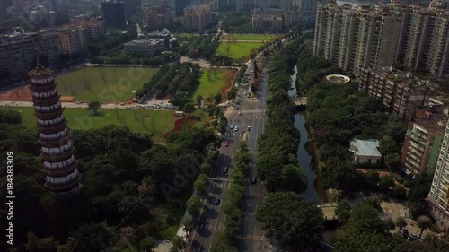 day time guangazhou famous chigang pagoda traffic road aerial panorama 4k china
 photo