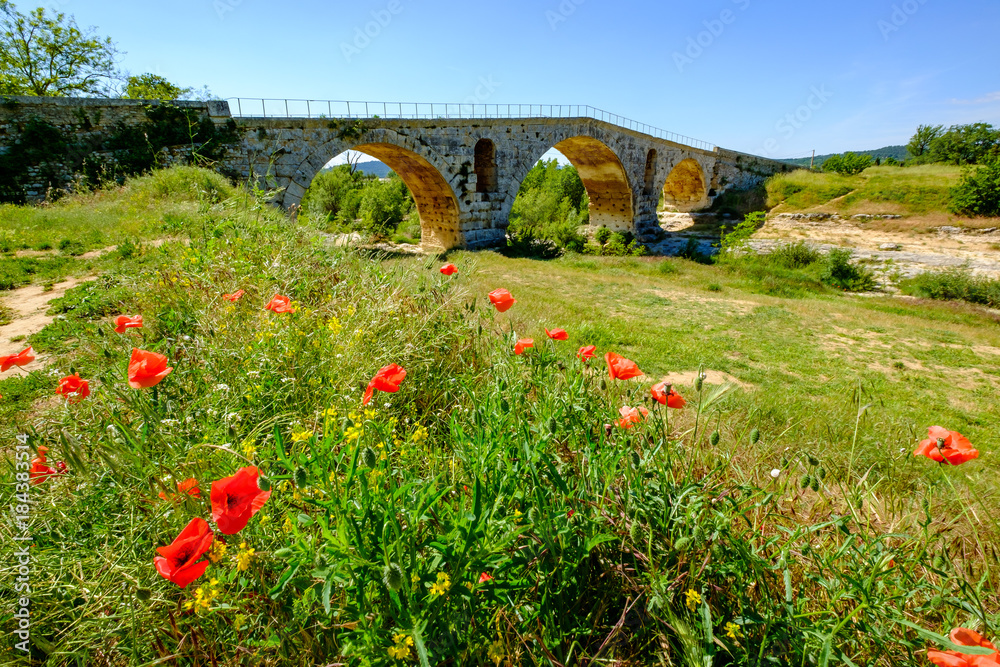 Ancien pont romain - le Pont Julien, Provence, France au printemps, quelques fleurs de coquelicots au premier plan.