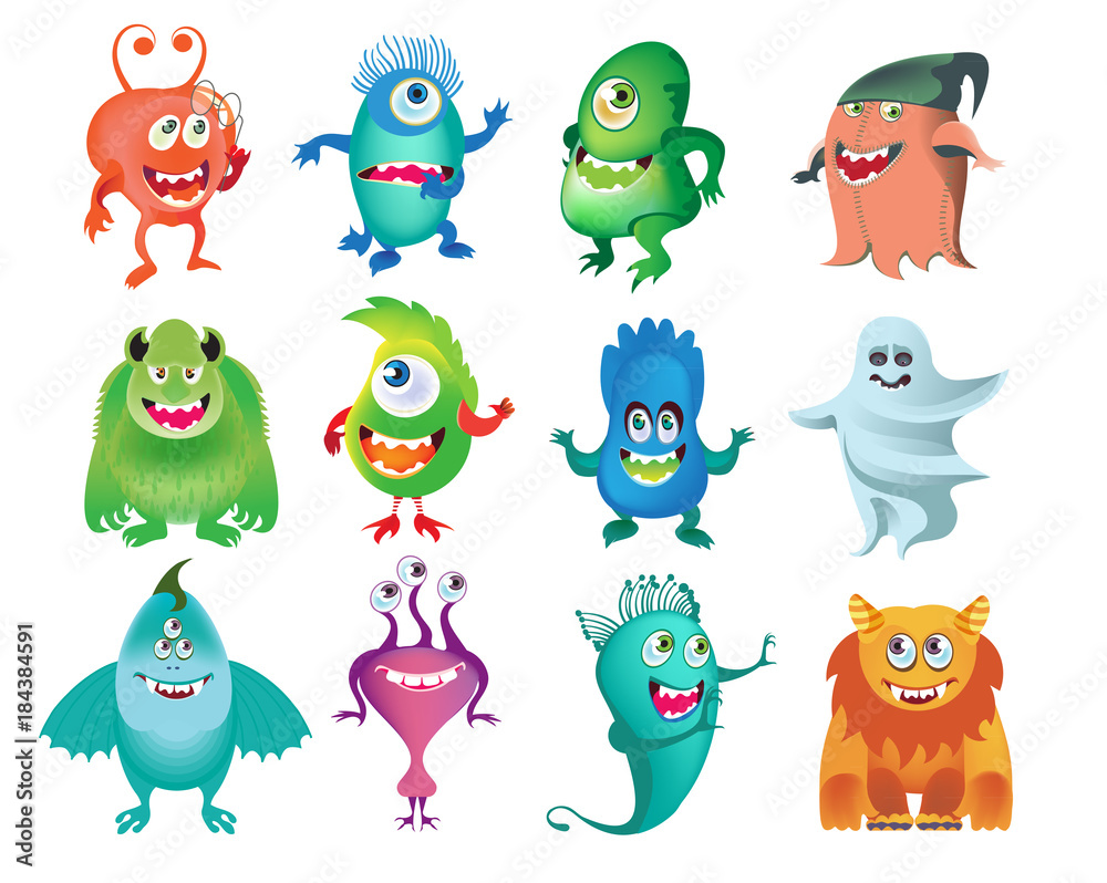 Naklejka Cartoon Monsters collection. Vector set of cartoon monsters isolated. Design for print, party decoration, t-shirt, illustration, logo, emblem or sticker