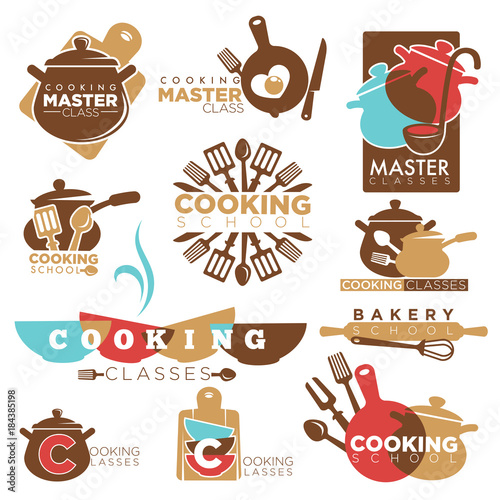 Cooking school master class bakery chef vector isolated icons templates