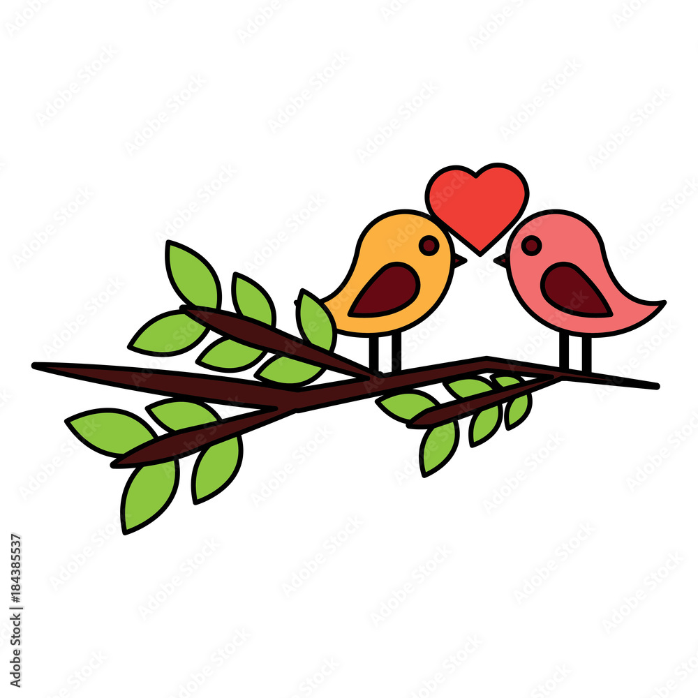 two cute birds with heart on leafy branch card for valentine day vector illustration two cute birds with heart on leafy branch card for valentine day vector illustration