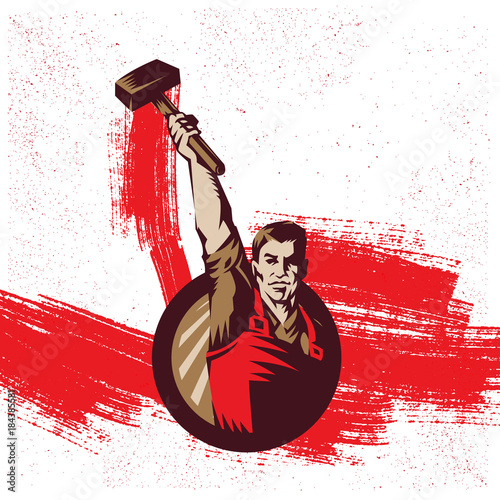 Vintage Revolution Logo. Propaganda Background Style Revolution raising The Sledgehammer.