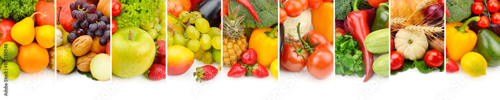 fruits and vegetables isolated on white background. Panoramic collage. Wide photo with free space for text. fruits and vegetables isolated on white background. Panoramic collage. Wide photo with free space for text.