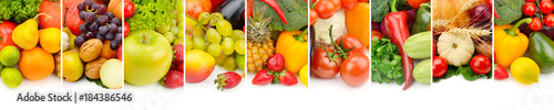 fruits and vegetables isolated on white background. Panoramic collage. Wide photo with free space for text.