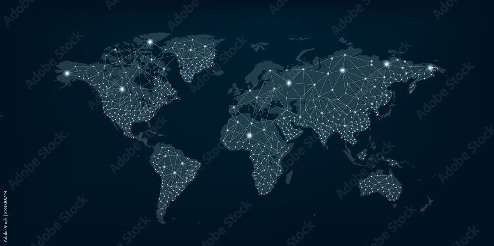 Communications network map of the world Blue map Dark blue background
