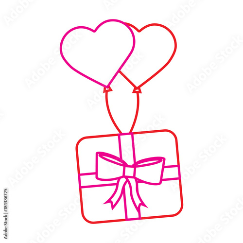 wrapped gift box flying with balloons heart romantic vector illustration