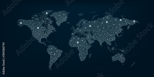 Fototapeta Naklejka Na Ścianę i Meble -  Communications network map of the world Blue map Dark blue background