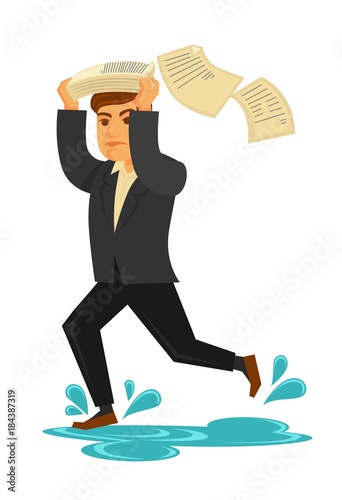 Rainy weather mans saving from rain under paper running in puddle vector flat isolated icon